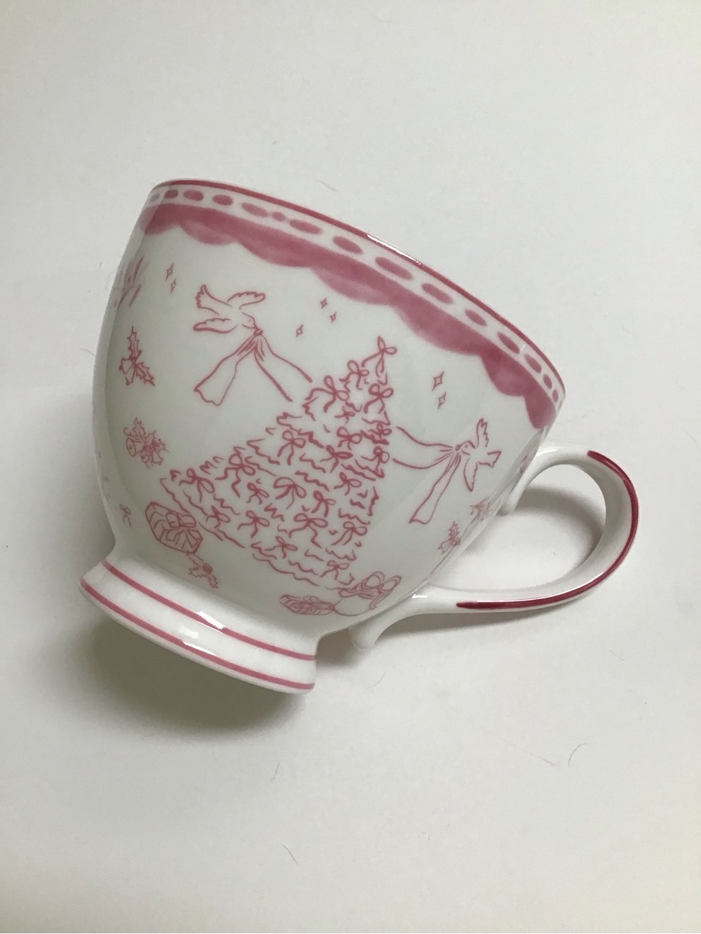 Cottagecore Christmas Tree Coffee Cup Tea Pink White Monterey Bay Fine Porcelain